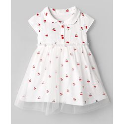 Babyhug 100% Cotton Mesh Knit Half Sleeves Frock with Cherry Print & Net Detailing - White
