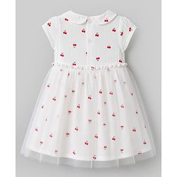 Babyhug 100% Cotton Mesh Knit Half Sleeves Frock with Cherry Print & Net Detailing - White