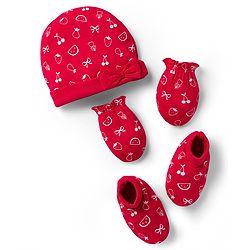 Babyhug 100% Cotton Knit Cap Mittens & Booties with Fruit Print Red - Diameter 8 cm