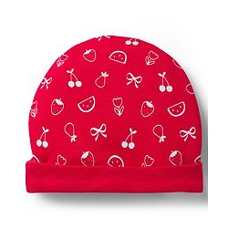 Babyhug 100% Cotton Knit Cap Mittens & Booties with Fruit Print Red - Diameter 8 cm