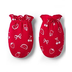 Babyhug 100% Cotton Knit Cap Mittens & Booties with Fruit Print Red - Diameter 8 cm