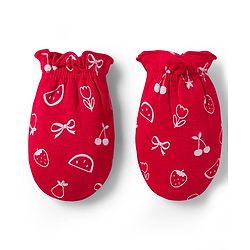 Babyhug 100% Cotton Knit Cap Mittens & Booties with Fruit Print Red - Diameter 8 cm