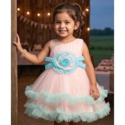 Babyhug Mesh Woven Sleeveless 5 Layered Party Wear Dress With Floral Applique - Peach