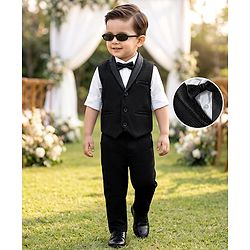 Babyhug Knit Full Sleeves Solid Color 3 Piece Party Suit with Bow & Rhinestone Detailing - Black