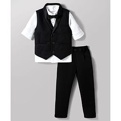 Babyhug Knit Full Sleeves Solid Color 3 Piece Party Suit with Bow & Rhinestone Detailing - Black