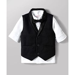 Babyhug Knit Full Sleeves Solid Color 3 Piece Party Suit with Bow & Rhinestone Detailing - Black
