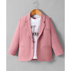 Babyhug Knit Full Sleeves Solid Color Party Wear Blazer With Graphic Printed T-Shirt - Light Pink