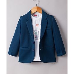 Babyhug Knit Full Sleeves Party Wear Blazer With Graphic Printed T-Shirt - Navy Blue