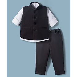 Babyhug Knit Full Sleeves Solid 3 Piece Party Suit with Stretchabale Waistcoat & Bow - Black & White