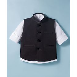 Babyhug Knit Full Sleeves Solid 3 Piece Party Suit with Stretchabale Waistcoat & Bow - Black & White