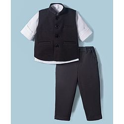 Babyhug Knit Full Sleeves Solid 3 Piece Party Suit with Stretchabale Waistcoat & Bow - Black & White