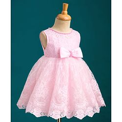 Babyhug Mesh Woven Sleeveless Party Dress With Floral Lace Detailing & Bow Applique - Light Pink