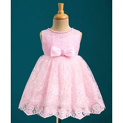 Babyhug Mesh Woven Sleeveless Party Dress With Floral Lace Detailing & Bow Applique - Light Pink