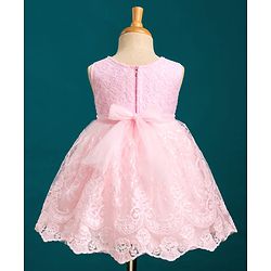 Babyhug Mesh Woven Sleeveless Party Dress With Floral Lace Detailing & Bow Applique - Light Pink