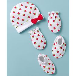 Babyhug 100% Cotton Knit Cap Mittens & Booties with Strawberry Print Multicolor - Diameter 8 cm