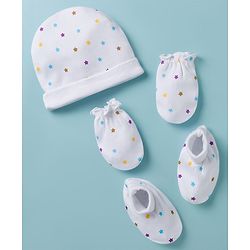 Babyhug 100% Cotton Knit Cap Mittens & Booties with Star Print Multicolor - Diameter 8 cm