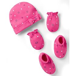 Babyhug 100% Cotton Knit Cap Mittens & Booties with Heart Print Multicolor - Diameter 8 cm