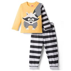 Babyhug Full Sleeves T-Shirt & Striped Pyjama Night-Suit With Fox Print - Orange & Black