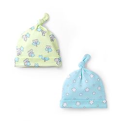 Babyhug 100% Cotton Interlock Knit Animal & Star Printed Caps Pack Of 2 Multicolor - Diameter 15 cm