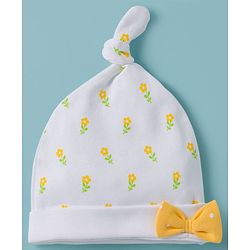 Babyhug 100% Cotton Interlock Knit Polka Dots & Floral Printed Caps With Bow Applique Pack Of 2 Multicolor - Diameter 16.5 cm