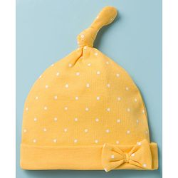 Babyhug 100% Cotton Interlock Knit Polka Dots & Floral Printed Caps With Bow Applique Pack Of 2 Multicolor - Diameter 16.5 cm