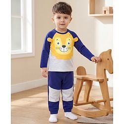 Babyhug Cotton Knit Full Raglan Sleeves T-Shirt & Pyjama Night-Suit With Lion Print - Navy Blue