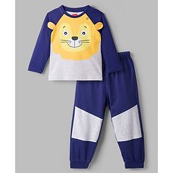 Babyhug Cotton Knit Full Raglan Sleeves T-Shirt & Pyjama Night-Suit With Lion Print - Navy Blue