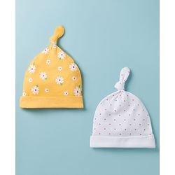 Babyhug 100% Cotton Knit Caps with Floral & Polka Dot Print Pack of 2 Multicolor - Diameter 8 cm