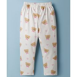 Babyhug Cotton Knit Half Sleeves Shirt & Pyjama Co-ord Night Suit with Teddy Print - Off White