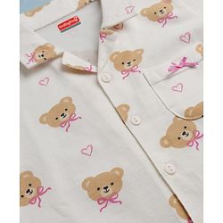 Babyhug Cotton Knit Half Sleeves Shirt & Pyjama Co-ord Night Suit with Teddy Print - Off White
