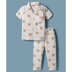 Babyhug Cotton Knit Half Sleeves Shirt & Pyjama Co-ord Night Suit with Teddy Print - Off White