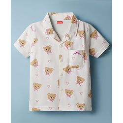 Babyhug Cotton Knit Half Sleeves Shirt & Pyjama Co-ord Night Suit with Teddy Print - Off White