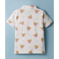 Babyhug Cotton Knit Half Sleeves Shirt & Pyjama Co-ord Night Suit with Teddy Print - Off White