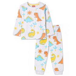 Babyhug Cotton Knit Full Sleeves Co-Ord T-Shirt & Pyjama Night Suit With Dino Print - Multicolor