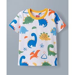 Babyhug Cotton Knit Half  Sleeves T-Shirt & Shorts Co-ord Night Suit With Dino Print - White