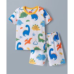 Babyhug Cotton Knit Half  Sleeves T-Shirt & Shorts Co-ord Night Suit With Dino Print - White