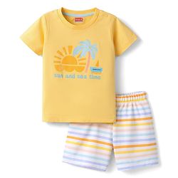 Babyhug Cotton Knit Half  Sleeves T-Shirt & Shorts Night Suit with Sun & Sea Print - Yellow
