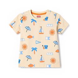 Babyhug Cotton Knit Half  Sleeves Co-Ord T-Shirt & Shorts Night Suit With Tropical Theme Print - Blue & Cream