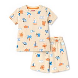 Babyhug Cotton Knit Half  Sleeves Co-Ord T-Shirt & Shorts Night Suit With Tropical Theme Print - Blue & Cream