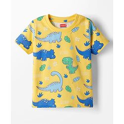 Babyhug Cotton Knit Half Sleeves T-Shirt & Shorts Co-ord Night Suit With Dino Print - Yellow