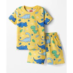 Babyhug Cotton Knit Half Sleeves T-Shirt & Shorts Co-ord Night Suit With Dino Print - Yellow