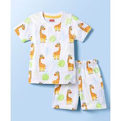 Babyhug 100% Cotton Knit Half Sleeves T-Shirt & Shorts Co-ord Night Suit with Giraffe Print - White