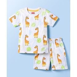 Babyhug 100% Cotton Knit Half Sleeves T-Shirt & Shorts Co-ord Night Suit with Giraffe Print - White