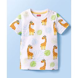 Babyhug 100% Cotton Knit Half Sleeves T-Shirt & Shorts Co-ord Night Suit with Giraffe Print - White