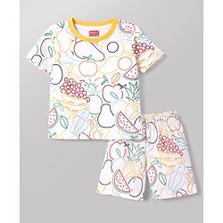 Babyhug Cotton Knit Half  Sleeves Co-Ord T-Shirt & Shorts Night Suit With Fruits Print - White