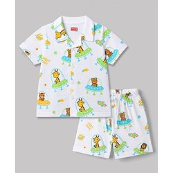 Babyhug Cotton Knit Half  Sleeves Animal & Space Theme Printed Co-Ords Shirt & Shorts Night Suit - White