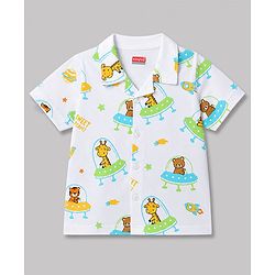 Babyhug Cotton Knit Half  Sleeves Animal & Space Theme Printed Co-Ords Shirt & Shorts Night Suit - White