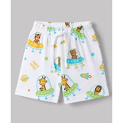Babyhug Cotton Knit Half  Sleeves Animal & Space Theme Printed Co-Ords Shirt & Shorts Night Suit - White