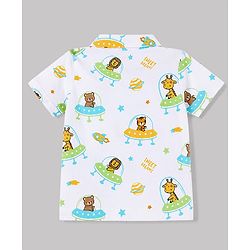 Babyhug Cotton Knit Half  Sleeves Animal & Space Theme Printed Co-Ords Shirt & Shorts Night Suit - White