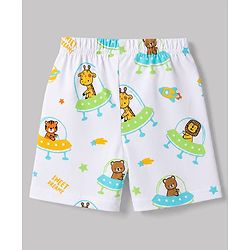 Babyhug Cotton Knit Half  Sleeves Animal & Space Theme Printed Co-Ords Shirt & Shorts Night Suit - White